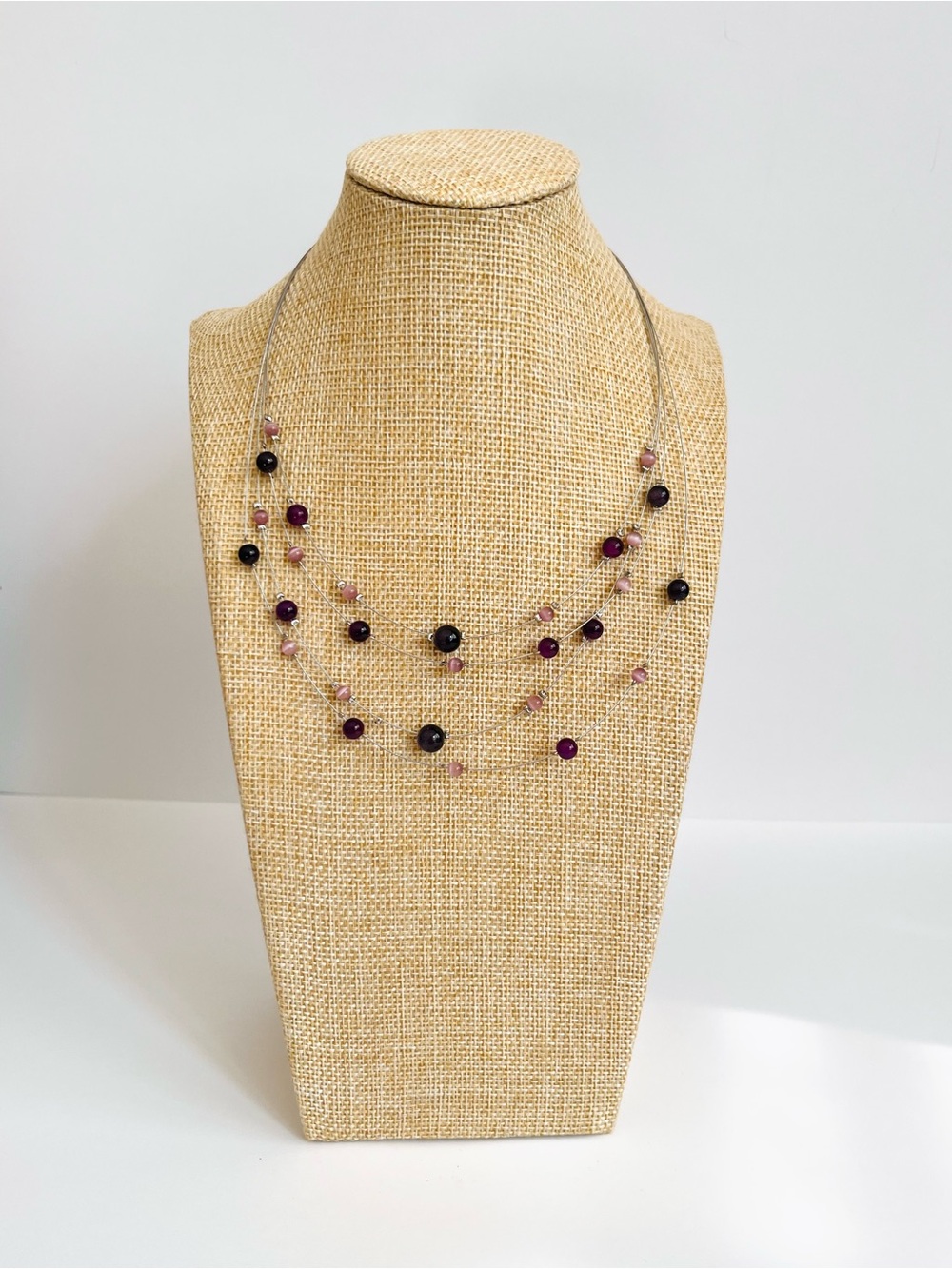Elegant Multi-Strand Floating Bead Necklace - Purple & Pink Tones